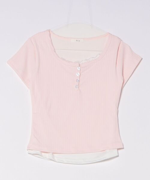Nia(ニア)の「Nia(ニア)/ヘンリーネック レイヤード風レーストップス(Tシャツ/カットソー・レディース・ピンク/イエロー・SMALL/MEDIUM)」の9枚目の写真