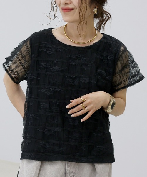 Aletta vita(アレッタビータ)の「レースレイヤードプルオーバー(Tシャツ/カットソー・レディース・ブラック/オフホワイト・M)」の1枚目の写真