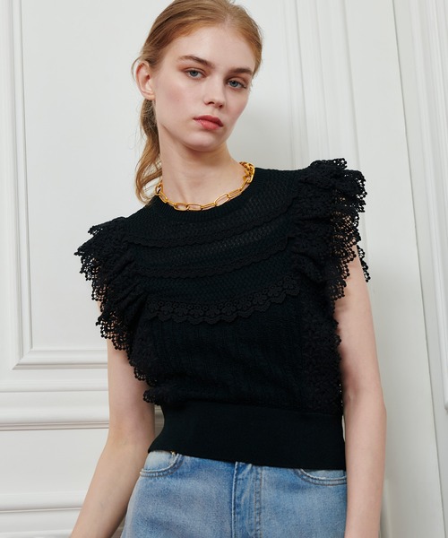 ルルウィルビー　レースフリル　ニット　トップス　アルアバイル セール】【LOULOU WILLOUGHBY】レースフリルニットプルオーバー