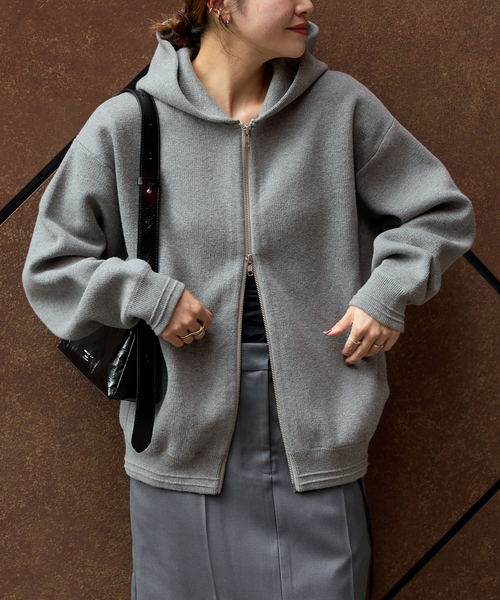 JOURNAL STANDARD（ジャーナルスタンダード）の「《追加》【洗える】ダブルニットフーディ（カーディガン/ボレロ・レディース・ベージュ/グレー/ブラック・36/38）」の2枚目の写真