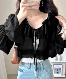 【mily bilet】透け感シフォンが軽やかに映える◎ドットシャイニーシアーリボンブラウス