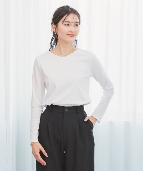 GLACIER lusso（グラシアルッソ）の「ノンステッチＶネックＴ（Tシャツ/カットソー・レディース・モカ/ホワイト/ブルーグリーン/ブラック・S/M/LL/L）」の13枚目の写真