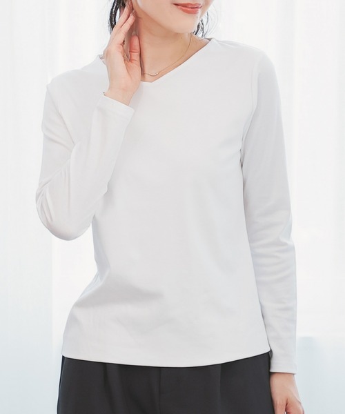 GLACIER lusso（グラシアルッソ）の「ノンステッチＶネックＴ（Tシャツ/カットソー・レディース・モカ/ホワイト/ブルーグリーン/ブラック・S/M/LL/L）」の14枚目の写真