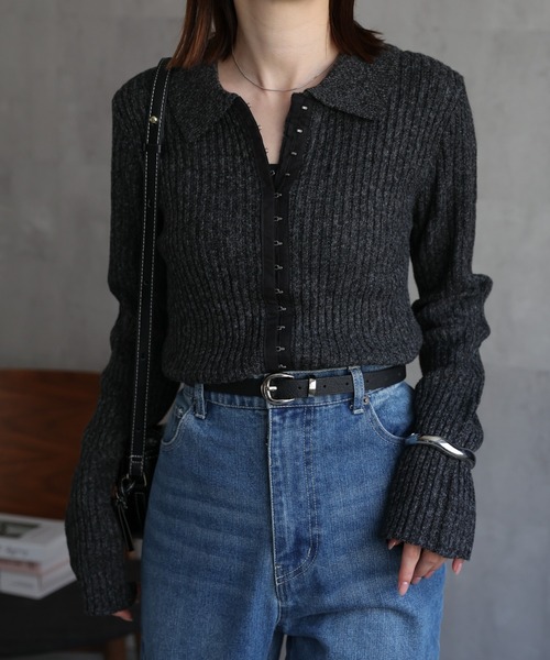 sakishimatokyo（サキシマトーキョー）の「ホック付きポロ襟 ミックスニット（ニット/セーター・レディース・ブラウン/チャコールグレー/アイボリー/グリーン・FREE）」の9枚目の写真