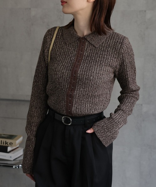 sakishimatokyo（サキシマトーキョー）の「ホック付きポロ襟 ミックスニット（ニット/セーター・レディース・ブラウン/チャコールグレー/アイボリー/グリーン・FREE）」の21枚目の写真