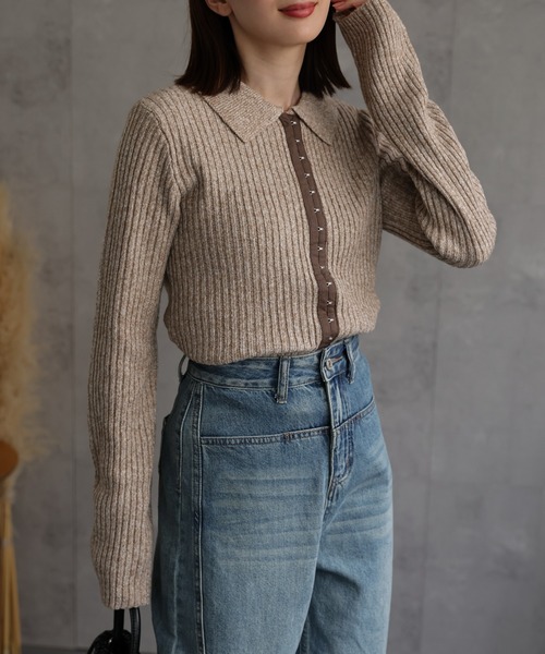 sakishimatokyo（サキシマトーキョー）の「ホック付きポロ襟 ミックスニット（ニット/セーター・レディース・ブラウン/チャコールグレー/アイボリー/グリーン・FREE）」の8枚目の写真