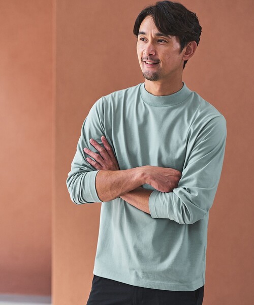 green label relaxing(グリーンレーベルリラクシング)の「【WEB限定】JUST fit デイリーモック 長袖 Tシャツ -吸水速乾・抗菌-(Tシャツ/カットソー・メンズ・ターコイズブルー系/ライム/ホワイト/ライトグレー/ブラック/ネイビー/ロイヤルブルー・M/S/XL/L)」の4枚目の写真