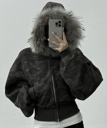 ファー取り外し可能/カモ柄フードショートブルゾン