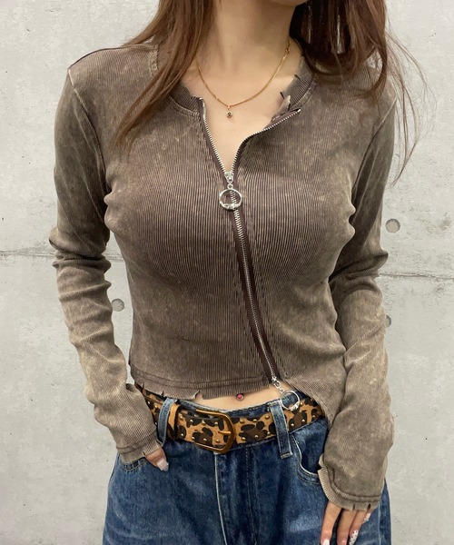 ROGER AND RAW(ロジャーアンドロウ)の「アシメジップリブ長袖トップス(Tシャツ/カットソー・レディース・ホワイト/ブラウン/スミクロ・FREE)」の10枚目の写真