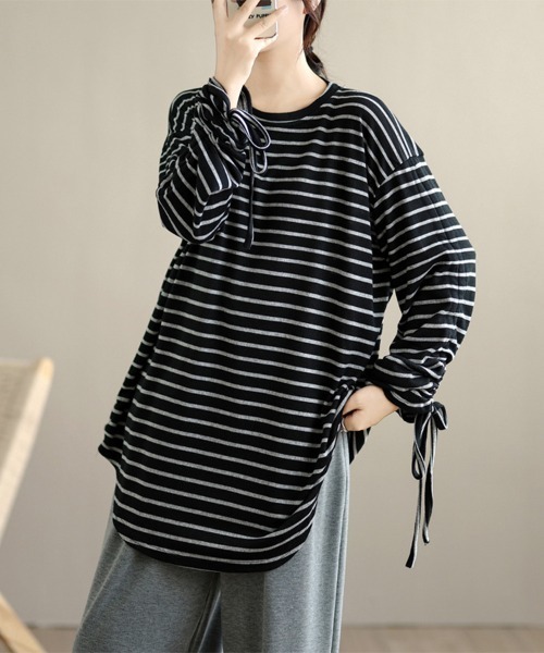 ONEP STAR(ワンピスター)の「ボーダー柄ドローストリングスリーブトップス(Tシャツ/カットソー・レディース・ブラック/グレー・FREE)」の1枚目の写真