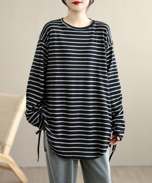 ONEP STAR(ワンピスター)の「ボーダー柄ドローストリングスリーブトップス(Tシャツ/カットソー・レディース・ブラック/グレー・FREE)」の9枚目の写真