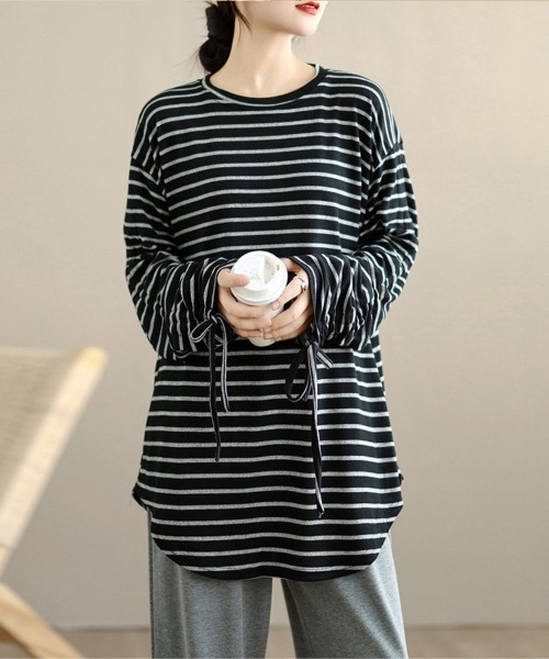 ONEP STAR(ワンピスター)の「ボーダー柄ドローストリングスリーブトップス(Tシャツ/カットソー・レディース・ブラック/グレー・FREE)」の11枚目の写真