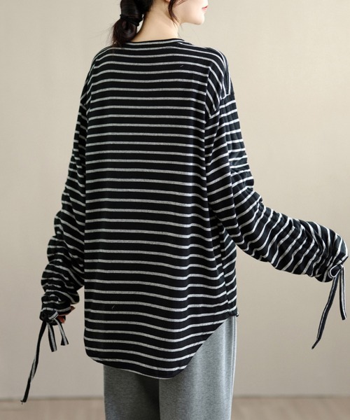 ONEP STAR(ワンピスター)の「ボーダー柄ドローストリングスリーブトップス(Tシャツ/カットソー・レディース・ブラック/グレー・FREE)」の12枚目の写真
