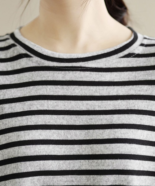 ONEP STAR(ワンピスター)の「ボーダー柄ドローストリングスリーブトップス(Tシャツ/カットソー・レディース・ブラック/グレー・FREE)」の14枚目の写真