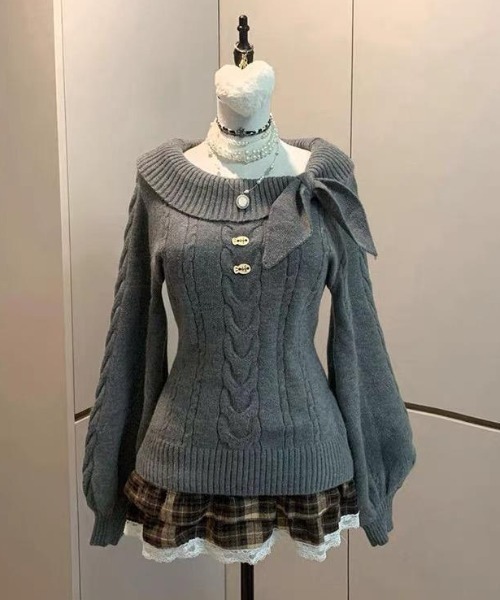 セール】フロントリボン 長袖編み込みニットトップス（ニット/セーター