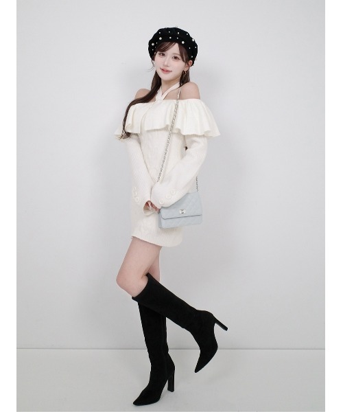 ホルターデザインオフショルニットミニワンピース（ワンピース