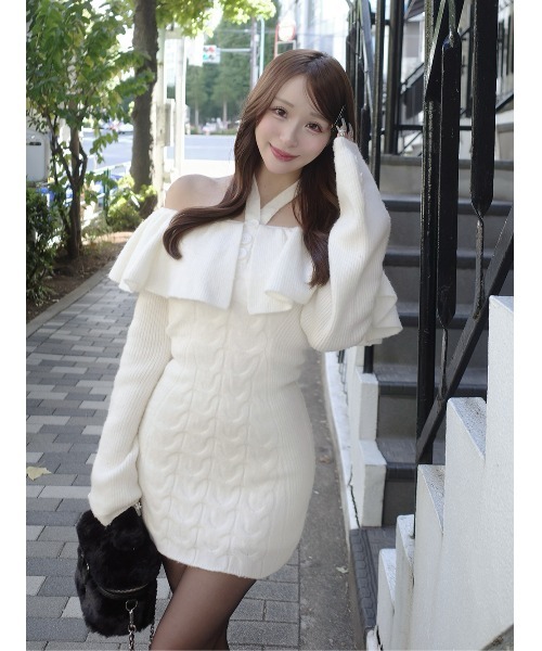 ホルターデザインオフショルニットミニワンピース(ワンピース ホルターデザインオフショルニットミニワンピース(ワンピース