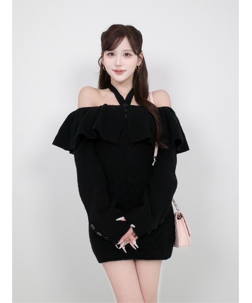 ホルターデザインオフショルニットミニワンピース（ワンピース