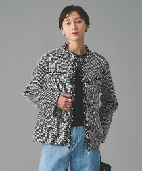 UNITED ARROWS（ユナイテッドアローズ）の「2トーン ツイードライク ノーカラー ジャケット（ノーカラージャケット・レディース・ブラック/ネイビー・40/38/36）」の2枚目の写真