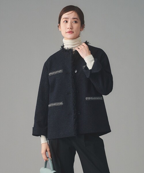 UNITED ARROWS（ユナイテッドアローズ）の「2トーン ツイードライク ノーカラー ジャケット（ノーカラージャケット・レディース・ブラック/ネイビー・40/38/36）」の14枚目の写真