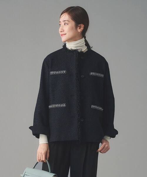 UNITED ARROWS（ユナイテッドアローズ）の「2トーン ツイードライク ノーカラー ジャケット（ノーカラージャケット・レディース・ブラック/ネイビー・40/38/36）」の15枚目の写真