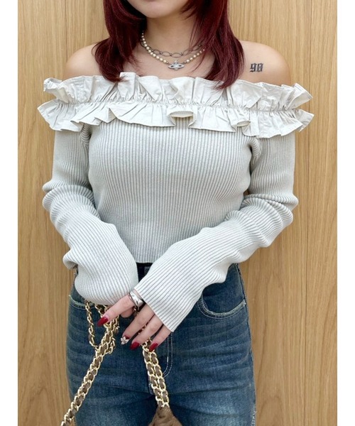 EVRIS（エヴリス）の「フリルピグメントニットトップス（ニット/セーター・レディース・ブルー/ブラック/ベージュ/ピンク・FREE）」の2枚目の写真