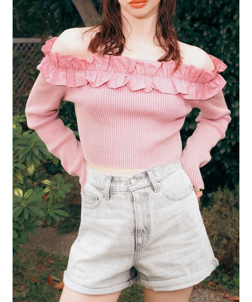 EVRIS（エヴリス）の「フリルピグメントニットトップス（ニット/セーター・レディース・ブルー/ブラック/ベージュ/ピンク・FREE）」の4枚目の写真