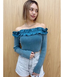 フリルピグメントニットトップス 春服