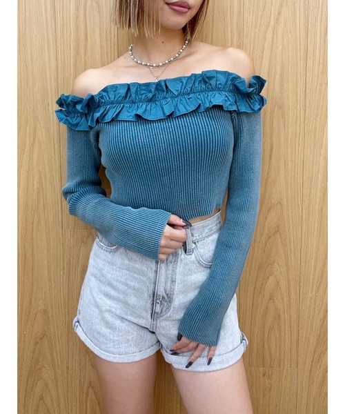 EVRIS（エヴリス）の「フリルピグメントニットトップス（ニット/セーター・レディース・ブルー/ブラック/ベージュ/ピンク・FREE）」の3枚目の写真