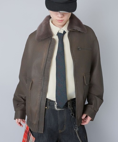 ジャケット・アウター Sheepskin A-2 Style Flight Jacket Brown セール】合皮A-2フライトジャケット/ボア襟/ダブルジップ/2WAY