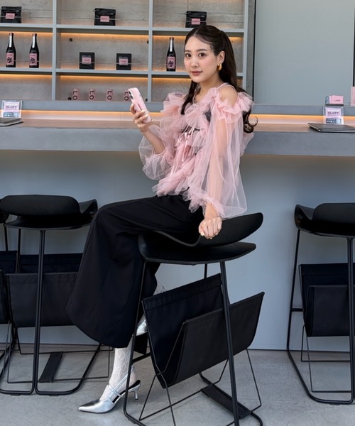 ANDRESD(アンドレスド)の「ジグザグチュールドレス / zigzag tulle dress(ドレス・レディース・ピンク/ミント/チャコール/ベージュ×ブラック・L/M/S)」の4枚目の写真