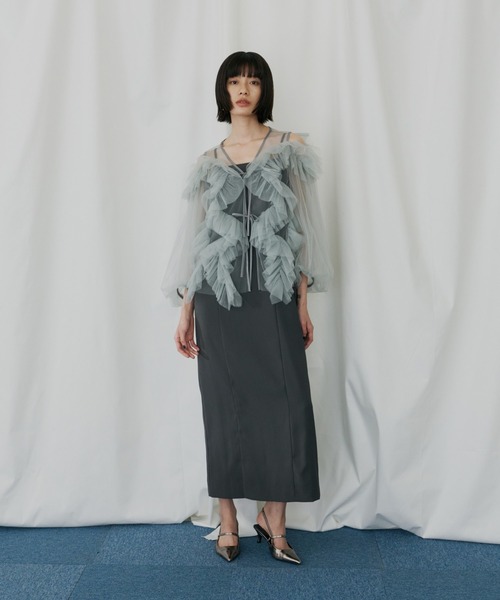 ANDRESD(アンドレスド)の「ジグザグチュールドレス / zigzag tulle dress(ドレス・レディース・ピンク/ミント/チャコール/ベージュ×ブラック・L/M/S)」の1枚目の写真