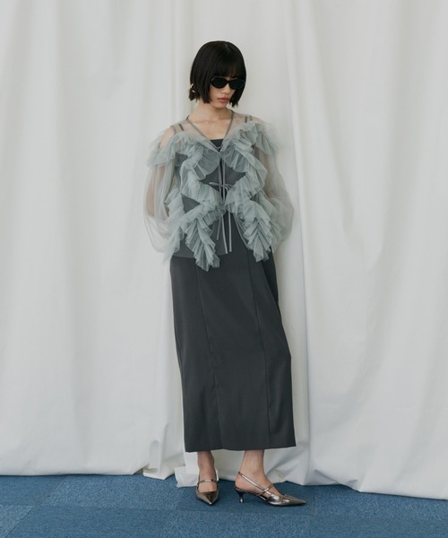ANDRESD(アンドレスド)の「ジグザグチュールドレス / zigzag tulle dress(ドレス・レディース・ピンク/ミント/チャコール/ベージュ×ブラック・L/M/S)」の7枚目の写真