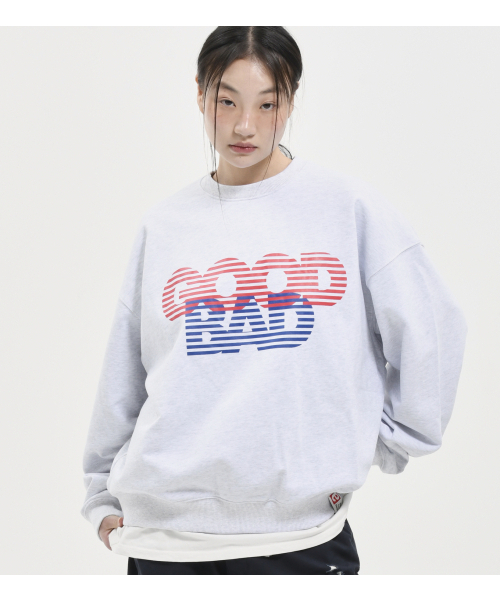 GOOD BAD PRINT CREWNECK L/GREY（スウェット）｜EXTRAORDINARY