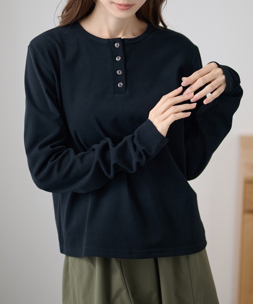 ソリッドカラー ヘンリーネック 長袖 ボタン トップス（Tシャツ