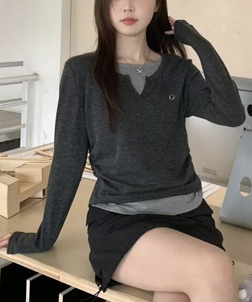 WEGO(ウィゴー)の「WEGO/レイヤード風カットソー/ロンTトップス(Tシャツ/カットソー・レディース・グレー/ブラック・MEDIUM/LARGE)」の20枚目の写真