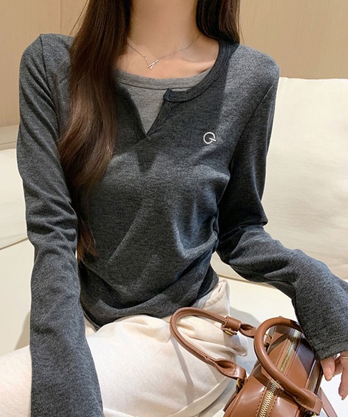 WEGO(ウィゴー)の「WEGO/レイヤード風カットソー/ロンTトップス(Tシャツ/カットソー・レディース・グレー/ブラック・MEDIUM/LARGE)」の21枚目の写真