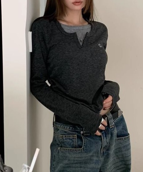 WEGO(ウィゴー)の「WEGO/レイヤード風カットソー/ロンTトップス(Tシャツ/カットソー・レディース・グレー/ブラック・MEDIUM/LARGE)」の19枚目の写真