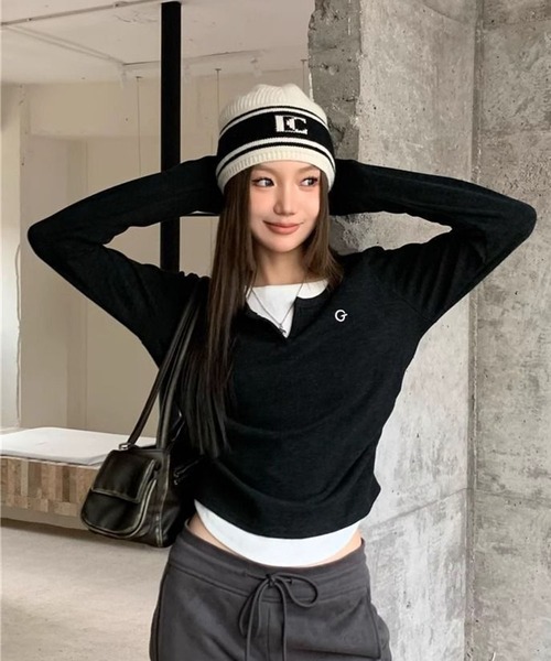 WEGO(ウィゴー)の「WEGO/レイヤード風カットソー/ロンTトップス(Tシャツ/カットソー・レディース・グレー/ブラック・MEDIUM/LARGE)」の9枚目の写真