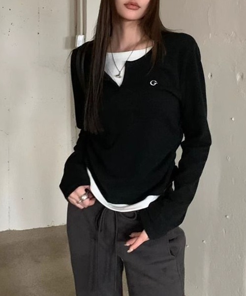 WEGO(ウィゴー)の「WEGO/レイヤード風カットソー/ロンTトップス(Tシャツ/カットソー・レディース・グレー/ブラック・MEDIUM/LARGE)」の5枚目の写真