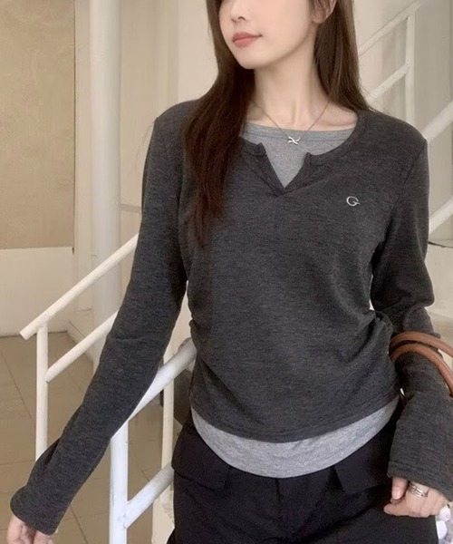 WEGO(ウィゴー)の「WEGO/レイヤード風カットソー/ロンTトップス(Tシャツ/カットソー・レディース・グレー/ブラック・MEDIUM/LARGE)」の22枚目の写真