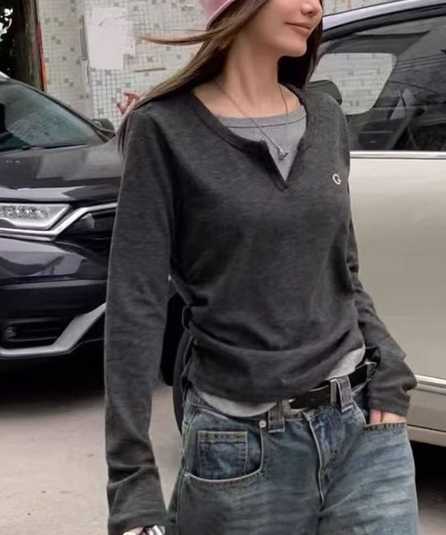 WEGO(ウィゴー)の「WEGO/レイヤード風カットソー/ロンTトップス(Tシャツ/カットソー・レディース・グレー/ブラック・MEDIUM/LARGE)」の17枚目の写真