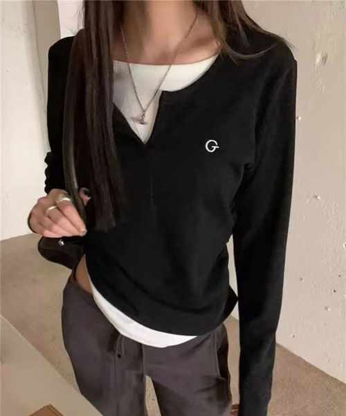 WEGO(ウィゴー)の「WEGO/レイヤード風カットソー/ロンTトップス(Tシャツ/カットソー・レディース・グレー/ブラック・MEDIUM/LARGE)」の4枚目の写真