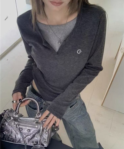 WEGO(ウィゴー)の「WEGO/レイヤード風カットソー/ロンTトップス(Tシャツ/カットソー・レディース・グレー/ブラック・MEDIUM/LARGE)」の12枚目の写真
