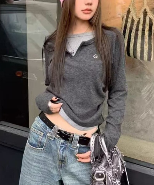 WEGO(ウィゴー)の「WEGO/レイヤード風カットソー/ロンTトップス(Tシャツ/カットソー・レディース・グレー/ブラック・MEDIUM/LARGE)」の13枚目の写真