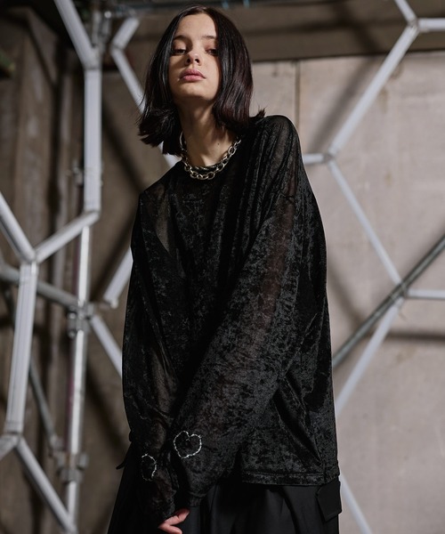 ERAR（エラー）の「【ERAR】タトゥーライクハート刺繍ベロアメッシュロンT（Tシャツ/カットソー・メンズ・ブラック系1/ブラック系2/ブラック・XL/L/M/S）」の2枚目の写真