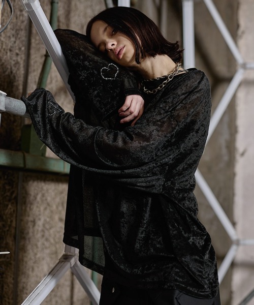 ERAR（エラー）の「【ERAR】タトゥーライクハート刺繍ベロアメッシュロンT（Tシャツ/カットソー・メンズ・ブラック系1/ブラック系2/ブラック・XL/L/M/S）」の7枚目の写真