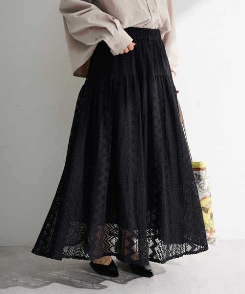 Green Parks(グリーンパークス)の「ラウンド切替インドコットンレーススカート(スカート・レディース・ブラック/オフホワイト・FREE)」の2枚目の写真
