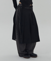 STUD PLEATS LAYERED WRAP SKIRT - BLACK