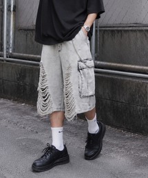 【NYS】クラッシュダメージ カーゴハーフパンツ ショーツ カーゴパンツ デニムハーフパンツ